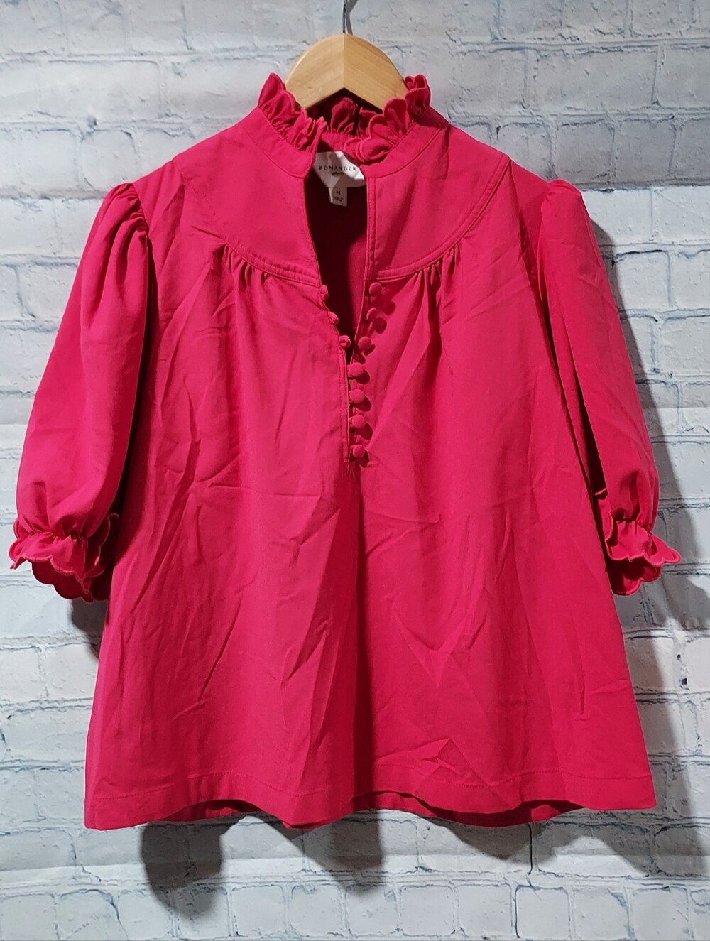Pomander Place M Selena Puff Sleeves Ruffle Collar Button Up Rasberry